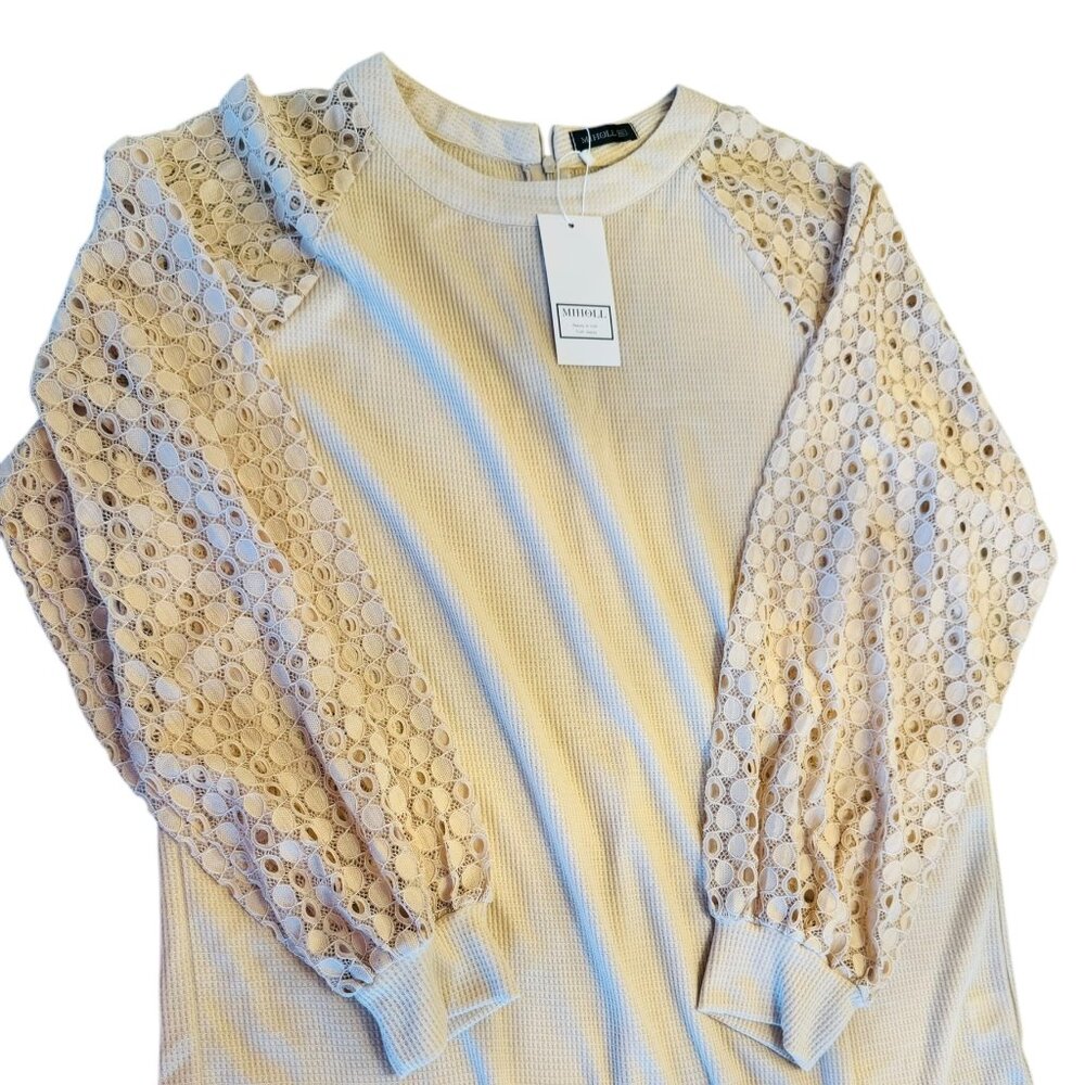 Miholl pale pink colored waffle knit  material  top with lace sleeves. Size XXL